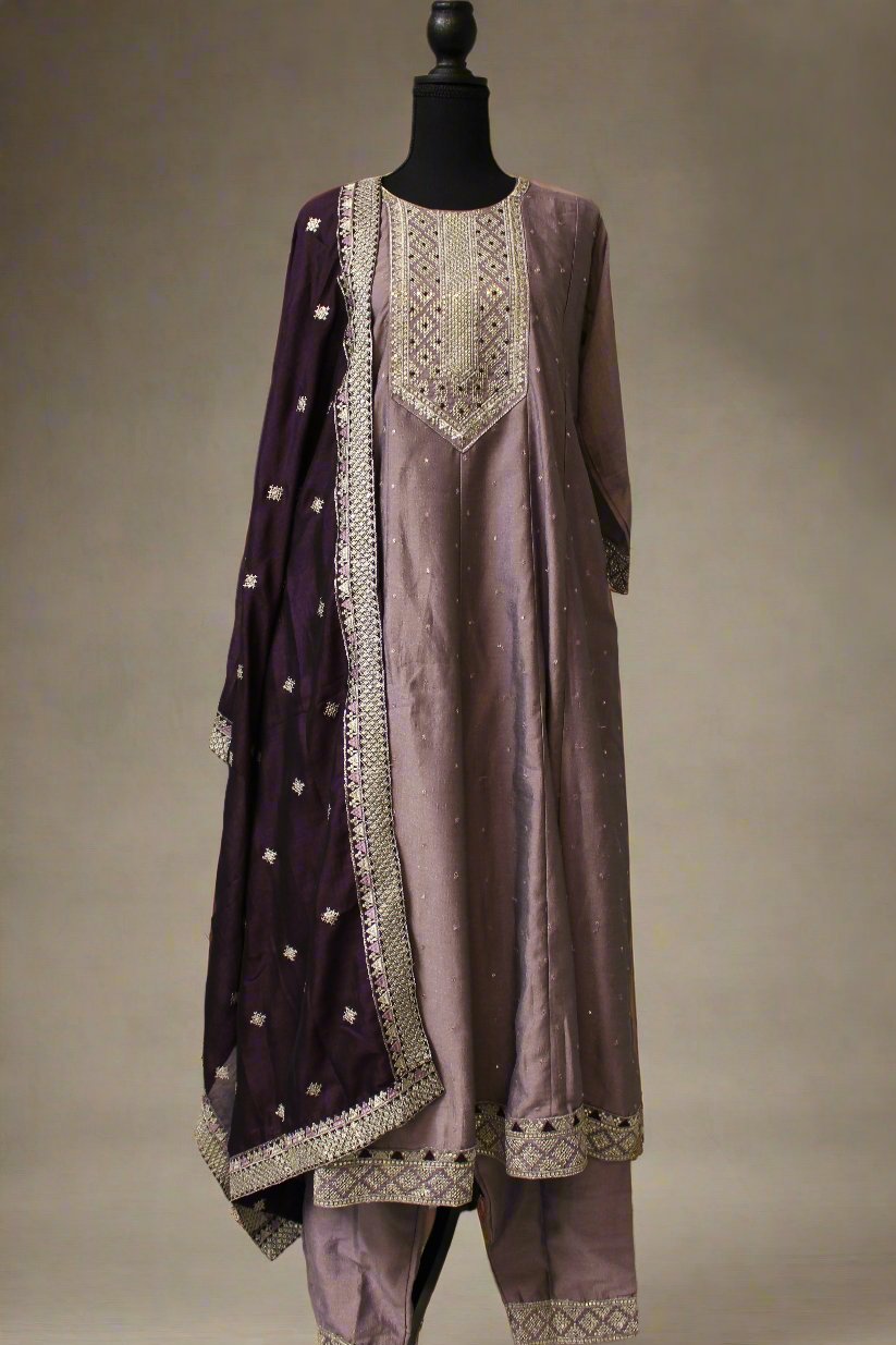 Lavender Plum Embroidered Silk Salwar Suit